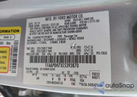 2014 Ford Fusion Se из США, поврежденный, VIN 1FA6P0H7XE5393870